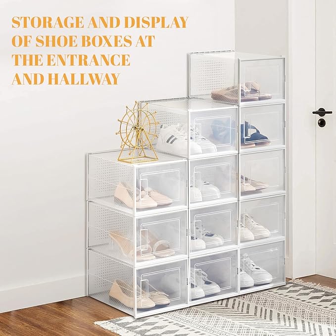 Shoe Boxes, Stack Without Toppling Modular storage boxes combine freely for use in closets, under beds, hallways, and entryways. Space-saving. (Transparent, 12 Pack)