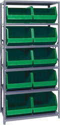 Quantum Storage Systems QSBU-270GN Giant Open Hopper Steel Shelving System, 18" D x 36" W x 75" H, with 6 Shelves and 10 QUS270 Bins, Green