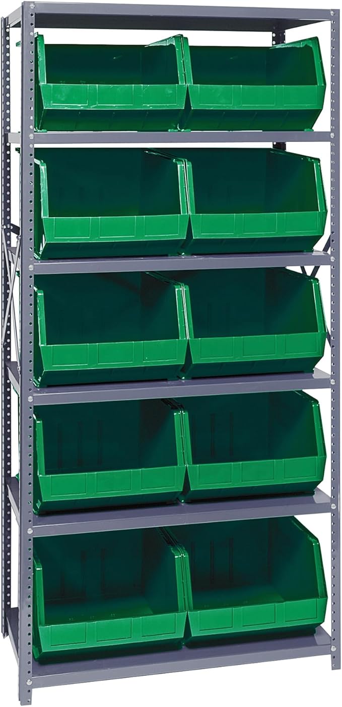Quantum Storage Systems QSBU-270GN Giant Open Hopper Steel Shelving System, 18" D x 36" W x 75" H, with 6 Shelves and 10 QUS270 Bins, Green