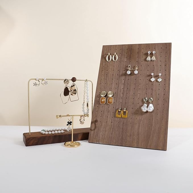 GemeShou Walnut earring display stand for selling, jewelry studs storage organizer for show, earring holder board with 204 holes【Earring board】