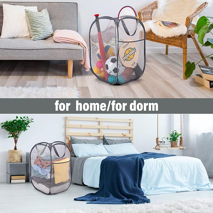 BATTOO Deluxe Strong Mesh Pop up Laundry Hamper Basket with Side Pocket for Laundry Room, Bathroom, Kids Room, College Dorm or Travel 2 Pack White