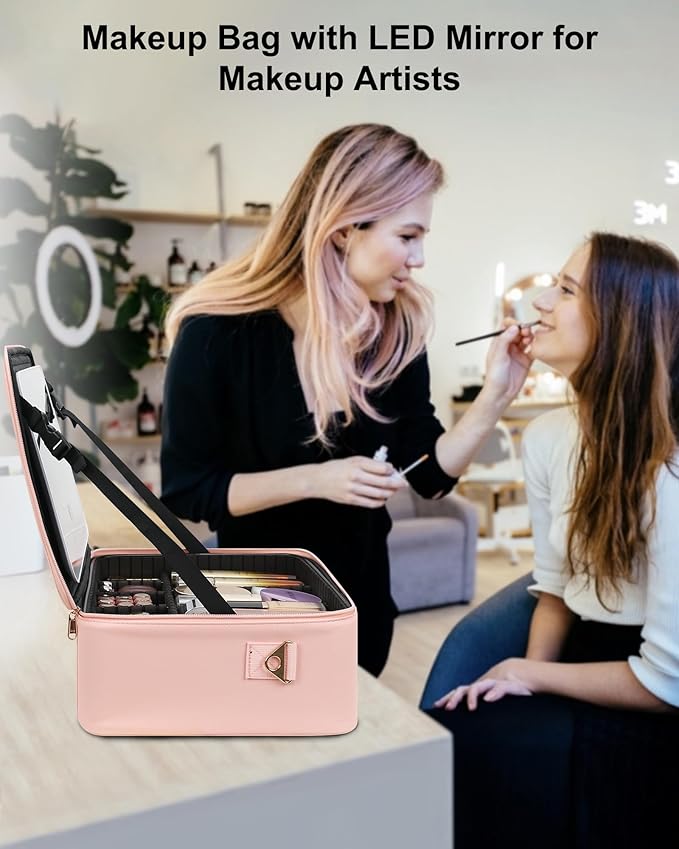 Relavel Makeup Bag with LED Mirror, 16.2 inches Large Makeup Case Travel Portable Cosmetic Organizer Vanity Case for Women, Rechargeable Lighted Mirror Professional Makeup Artists Storage Box (Pink)