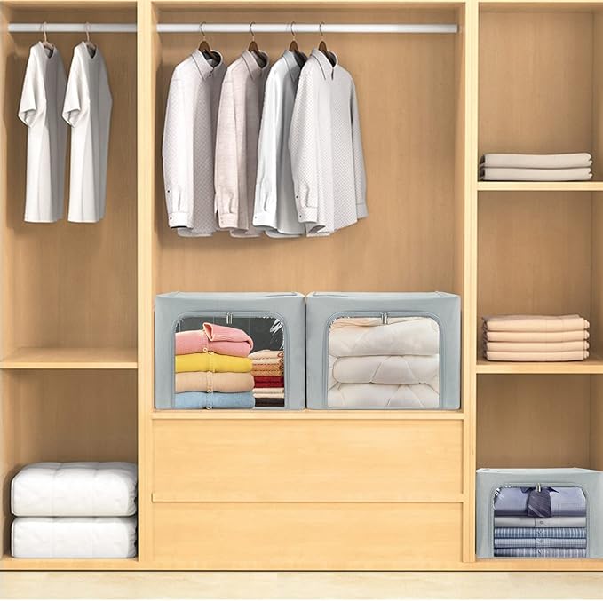 UUBEMM Clothes Storage Bins with Foldable Sturdy Frame,Stackable Storage Box for Closet Shelf Organizers for Seasonal Clothing,Blankets,Towel Bed Sheets,Toys Gift Others (Medium -40L x3PACK, Grey)