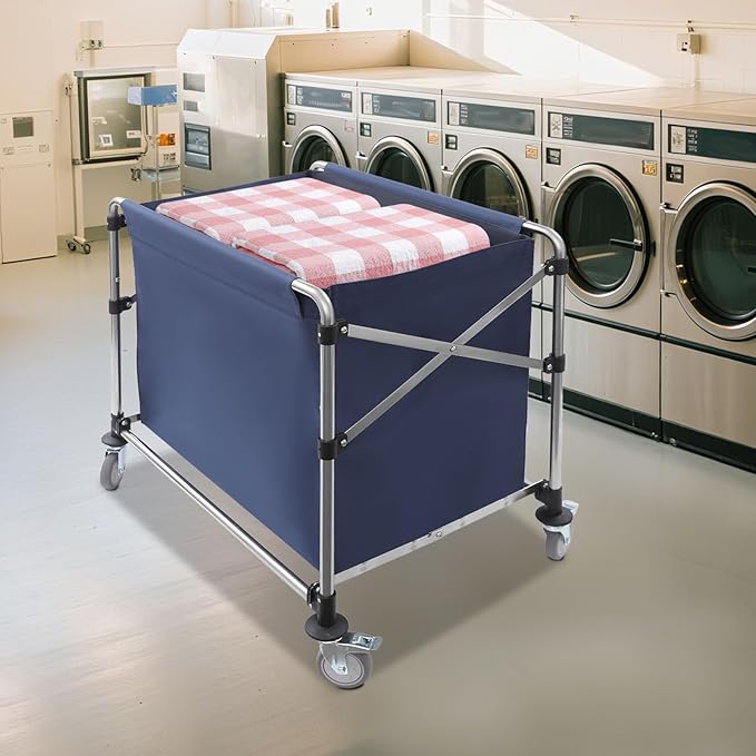 Commercial Laundry Cart with Wheels,Folding Laundry Hamper Cart,Heavy Duty Rolling Laundry Basket with Large Capacity,Laundry Sorter Trolley for Home Hotel Apartment (Blue, 35.43 * 23.62 * 34.65in)