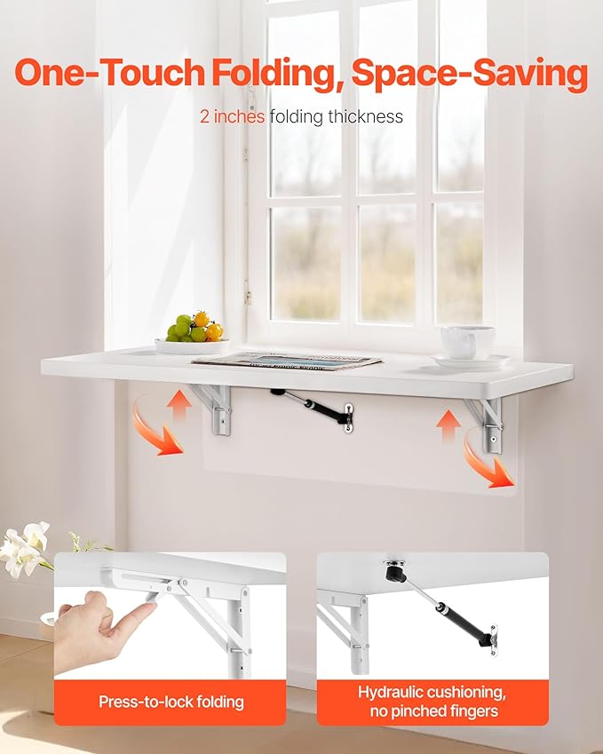VEVOR Wall Mounted Folding Table, 31.5 x 15.7 inches Wall Mount Table, Floating Desk with Iron Bracket for Small Spaces, Home Office, Dining, Laundry Room, Kitchen, Bar, White