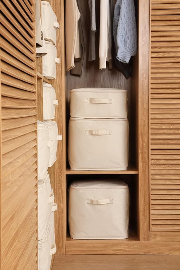 Decorative Basket Rectangular Fabric Storage Bin Organizer Basket with Handles for Clothes Storage (13.7 x 13.7 x 6.29, Beige)