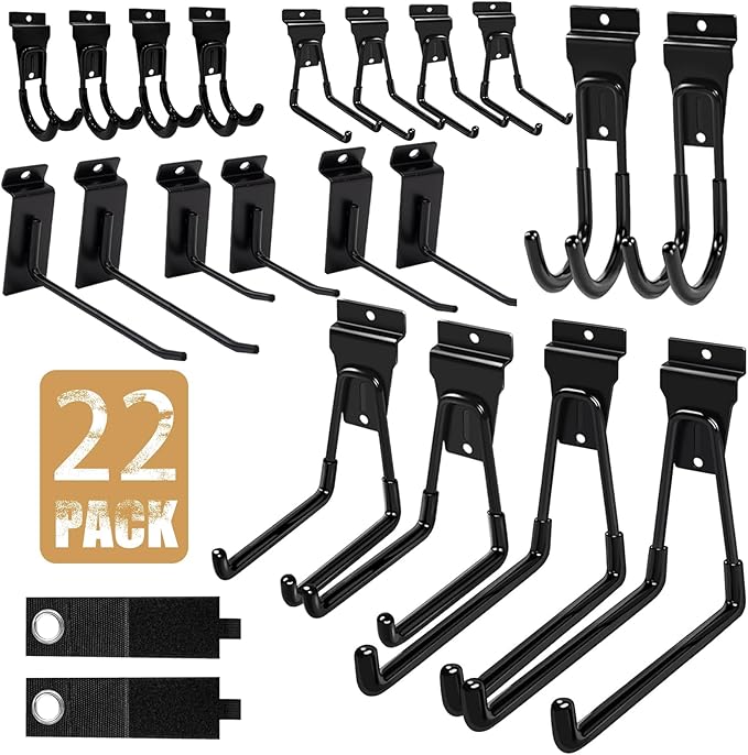 Slatwall Accessories, 22 Pack Heavy Duty Steel Slatwall Hooks, Multi-Size Slat Wall Hanging Hooks for Ladders, Bikes, Garage and Garden Tools (ProSlat & Slatwall Panel Compatible)