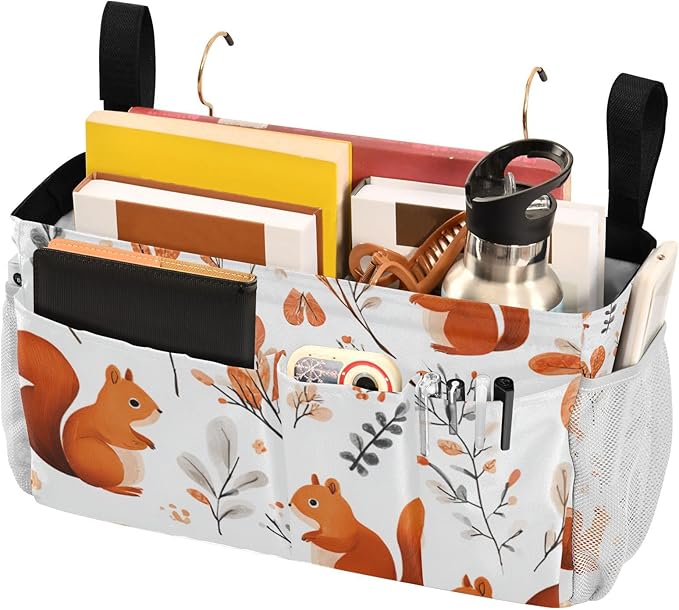 Squirrels and Fall Leaves Bedside Caddy for Dorm Bed Bedside Hanging Caddy Bag Iron Frame Storage Organizer Pocket for Bunk Home College Hospital Beds 2 Hooks