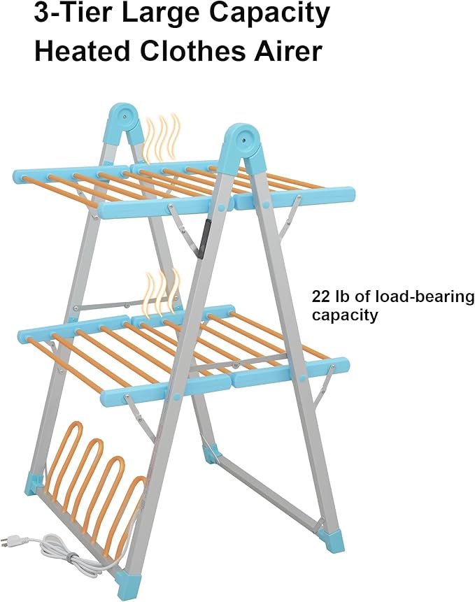 Electric Heated Clothes Drying Rack,Foldable Heated Garment Dryer with Timer Shut-Off Laundry Rack for Clothes Shoes Socks,Aluminum Alloy,Blue,Plug & Play,(39.37x25.98x23.82in)
