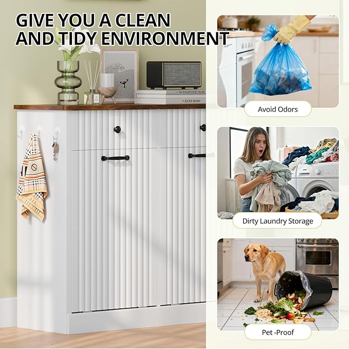 Double Tilt Out Trash Can Cabinet, 20 Gallon Fluted Laundry Hamper Cabinet with 2 Drawers, Wooden Hidden Garbage Can Cabinets for Kitchen, Living Room, Without Trash Bin or Laundry Hamper, White
