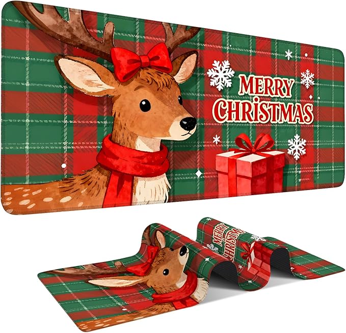 Merry Christmas-Elk Gaming Mouse Pad 35.4"x15.7"Desk Mat Anti-Slip Rubber Base & Durable Stitched Edges for Gamers Smooth Mouse Writing Surface for Desk Office/Home