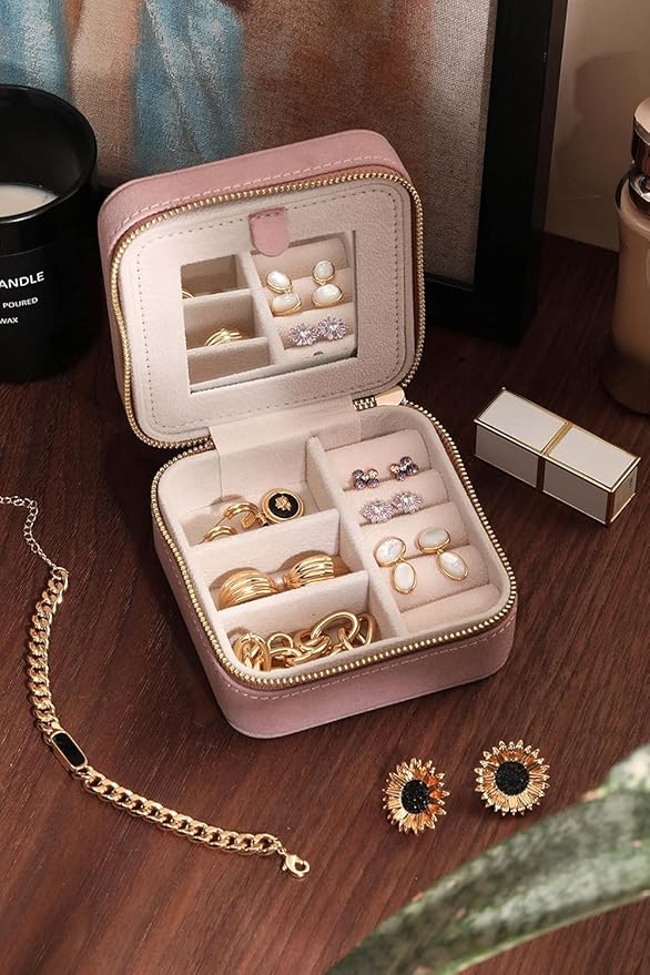 S.Leaf Travel Jewelry Organizer Boxes for Women Small Portable Necklace Earrings Bracelet Rings Travel Case Best Friend Birthday Gifts for Women Trendy (Butterfly_Pink_Gray)