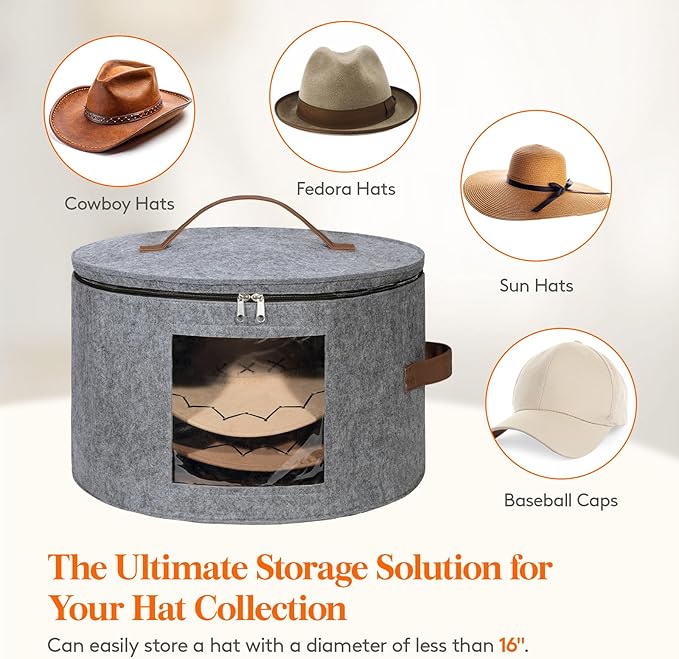 Lifewit Round Cowboy Hat Box for 7 Caps, Large Felt Hat Organizer Bag for Men & Women Storage, Baseball Cap Container with Dustproof Lid for Travel, Foldable 16.5" D x 10.6" H Carrier, 2 Pack, Gray