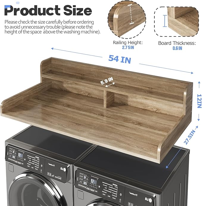 2-Tier Washer and Dryer Countertop with 2.75" H Guard,54" W x 27.5" D Laundry Countertop Cover with Non-Slip Pad,Large Space Laundry Topper for Folding Clothes Over Washer and Dryer-White Oak