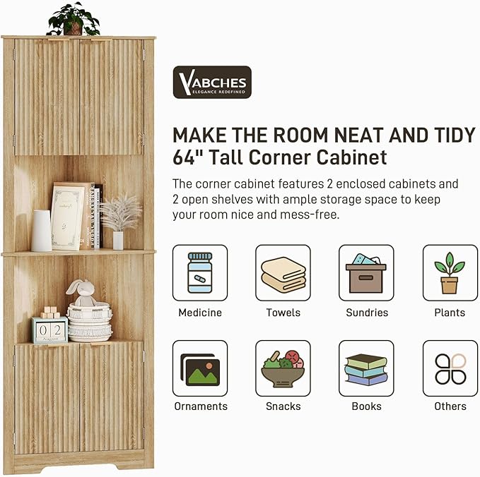 Vabches Corner Bathroom Cabinet, 64 Inch Tall Modern Fluted Corner Cabinet with Doors and Adjustable Shelf Bathroom Space Saver Storage Organizer for Laundry Room, Kitchen(Natural Oak)