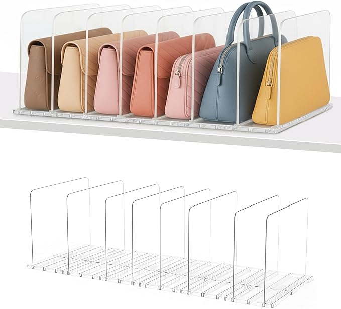 Adjustable Bag & Purse Organizer for Closet | Clear Shelf Dividers for Closet Organization, Vertical Handbag Separator for Sweater, Shirts & Clutches, Perfect for Bedroom, Living Room, Home