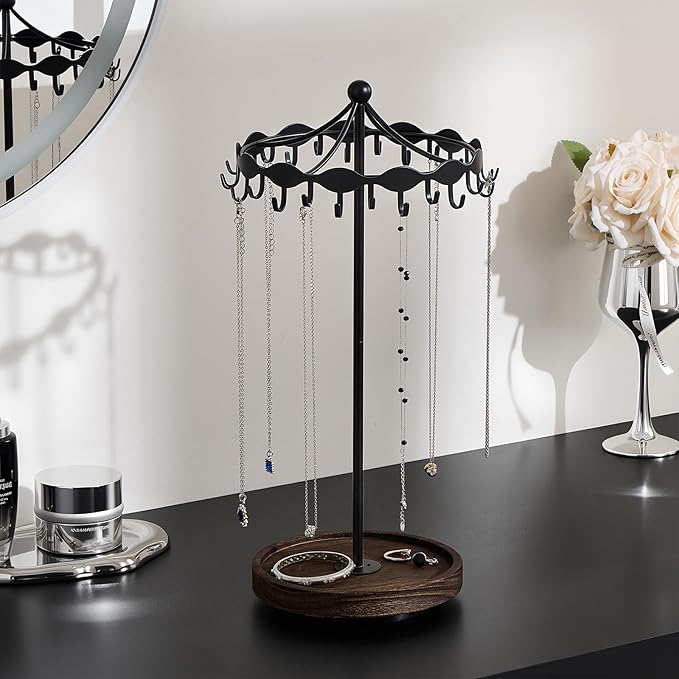 Lolalet Rotating Necklace Holder Stand with Metal Hooks, Spinning Display Carousels, Freestanding Organizer Hanger, for Long Necklaces Chains -Black
