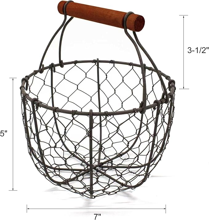 CVHOMEDECO. Round Chicken Wire Egg Basket Fruit Basket with Wooden Handle Primitives Vintage Gathering Basket. Rusty