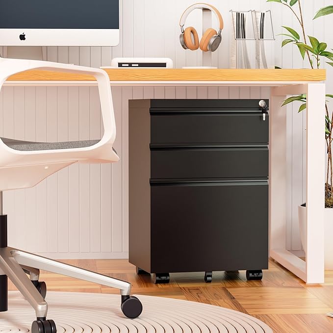 Bonusall 3 Drawer Black File Cabinet, Fully Assembled Metal Rolling Filing Cabinet with Lock, Under Desk Filing Cabinets for Home Office Fit A4/Letter/Legal