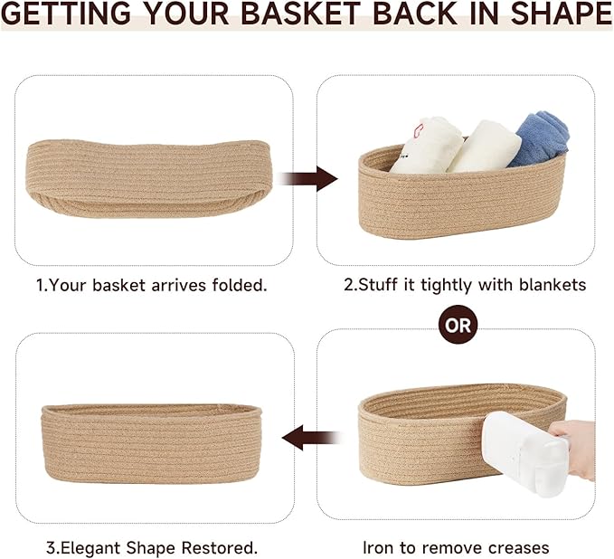 Temary Toilet Paper Basket, Narrow Cotton Rope Storage Bins with Handles, 2 Pack Small Decorative Baskets for Organizing Bathroom, Bedroom, Living Room (Jute, 13x5.9x3.9)