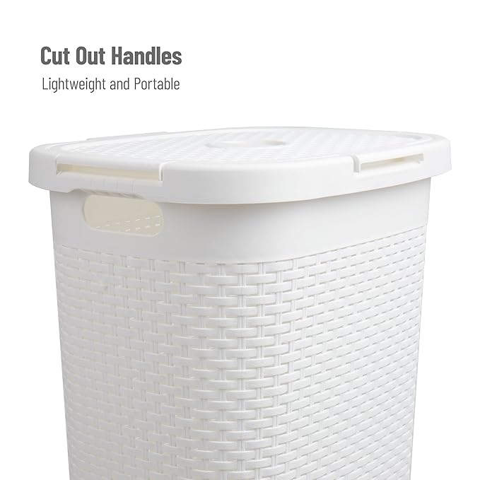 Mind Reader Slim Laundry Hamper with Lid, 60L Clothes Basket, Premium Wicker Design, Plastic, White