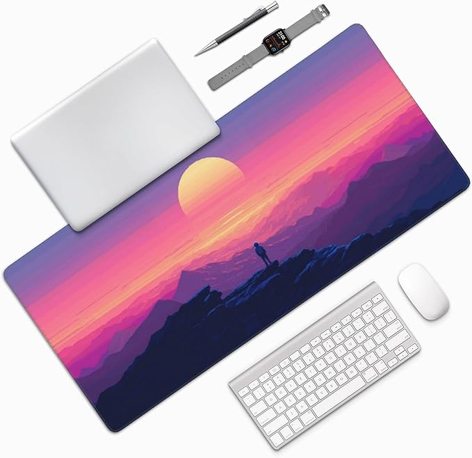 Sunset Mountains Large Mouse Pad, Anime Style Gaming Desk Mat, XXL Keyboard Desk Pad Mat for Desktop, 35.4"x15.7" Non-Slip Base Big Mousepad with Stitched Edges