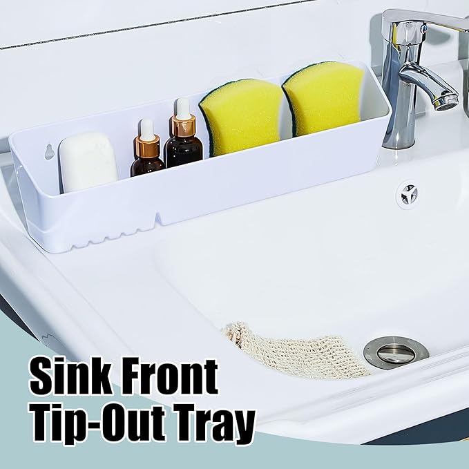 Umigy 2 Pack 14" Tip Out Tray for Sink with 2 Pairs of Hinges Front Sink Drawer Tip Out Tray Kit False Drawer Front Clips Flip Sponge Holder for Kitchen, White