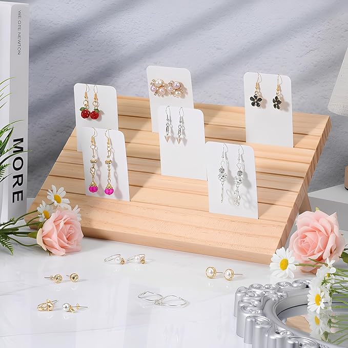 2 Pcs Natural Wood Earring Display Stands with 60 Pcs Earrings Display Cards, 7 Slots Wood Earrings Card Holder, Jewelry Displays Holder with Earring Cards, Jewelry Stands for Selling