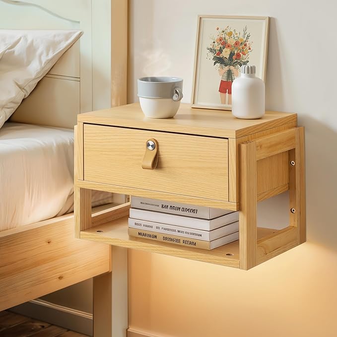Afuly Floating Nightstand with LED Light Strips, Modern Night Stand with Drawer Wall Mounted Bedside End Table, Wood Nightstand Side Table Shelf for Bedroom Natural Wooden Decor