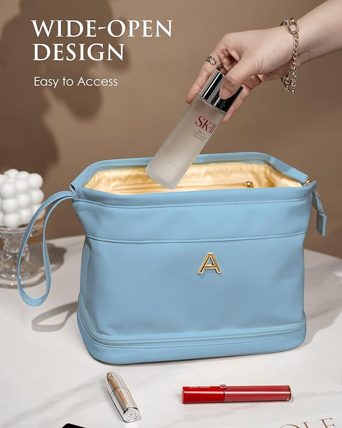 Birthday Gift for Daughter-Initial Large Makeup Bag, Personalized Double Layer Cosmetic Bag with Makeup Brush Organizer, Personalized Gift for 7 8 9 10 11 12 13 14 15 16 17 18 Year Old Girls