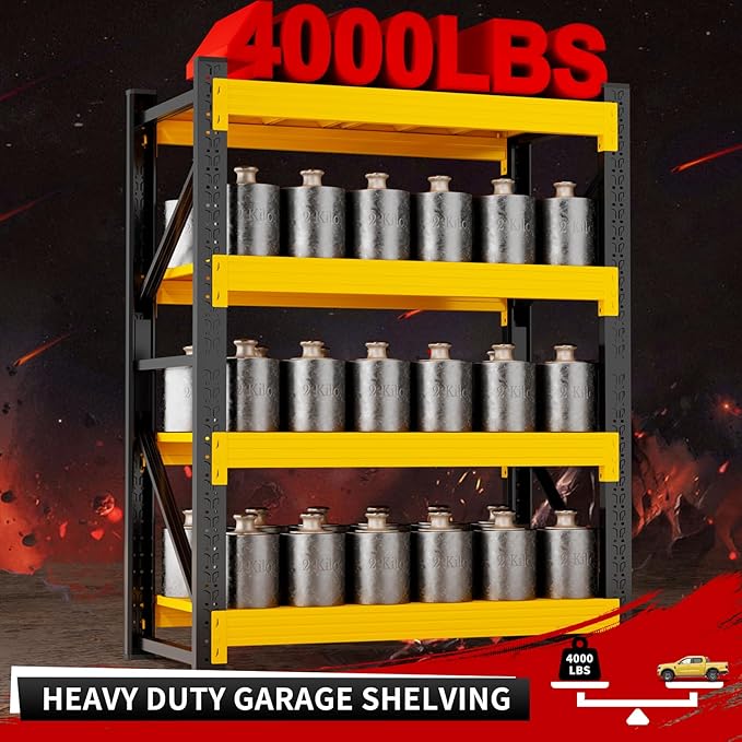 4000LBS Garage Storage Shelves, 47" W Garage Shelving Heavy Duty Adjustable Shelving Unit, 4 Tier Metal Utitly Shelves Industrial Shelving for Warehouses,Basement,Black Yellow