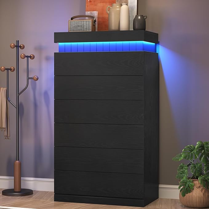 Tall Black 6 Dresser for Bedroom, Sliding Top Storage Space, Modern Wood Drawers with LED Light and Power Outlet, Large Chest of Drawer for Living Room, Hallway, Entryway (6 Drawers,Black)