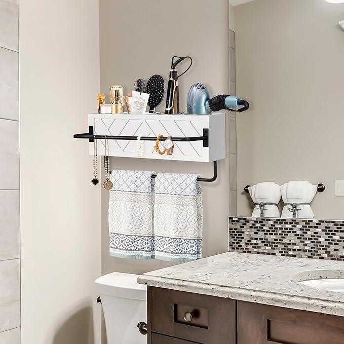 Hair Tool Organizer Wall Mount, Hair Dryer Holder with 2 Towel Bars, Wood Hot Tools Organizer, Rustic Bathroom Organizer Blow Dryer Holder for Bathroom Decor, Flat Iron, Curling Wand, Brushes(White)