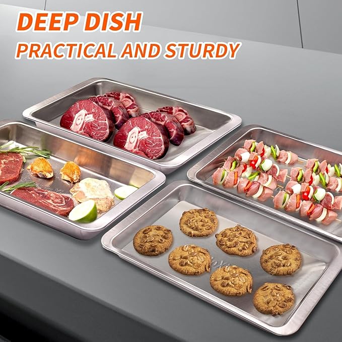 Grilling Prep and Serve Trays, Set of 2 Stackable Stainless Steel BBQ Trays Marinating Tray Serving Platter for Plating Food BBQ Prep Tub for Marinating Meats, Grill Accessories