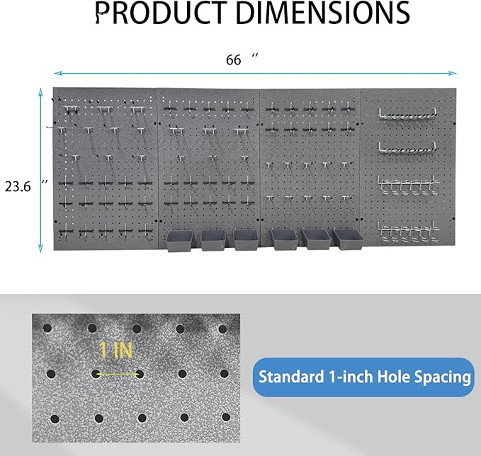 JZD Pegboard Wall Organizer with 116 Pcs Hooks Heavy Duty Metal Pegboard Kit with 1/4" Pegboard Hooks Accessories 4 Pack Metal Pegboard Kit 66" x 24" for Garage, Tool Storage,Craft Room