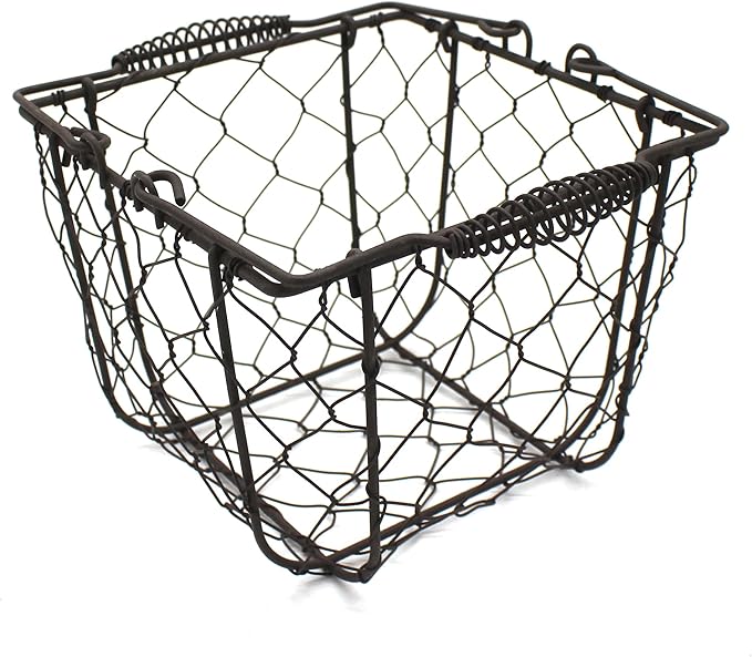 CVHOMEDECO. Square Chicken Wire Egg Basket Fruit Basket with Swing Handles Primitives Vintage Gathering Basket. Rusty