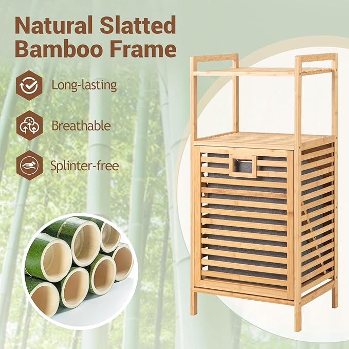 GOFLAME Tilt-out Laundry Hamper with 2-Tier Shelves, Bamboo Laundry Baskets Organizer with Removable & Foldable Fabric Liner, Bathroom Storage Shelf Cabinet for Laundry Room, Bedroom