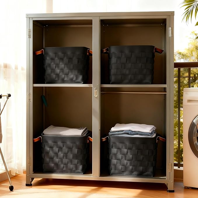 Storage Basket 3 Pack, 13" x13" x13 " Large Blanket Baskets with Leather Handle, Cube Felt Fabric Storage Box for Shelves, Bedroom, Nursery, Living Room - Dark grey
