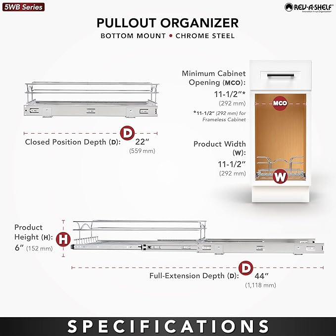 Rev-A-Shelf Pullout Kitchen Cabinet Drawer and Rolling Organizer Cabinet Pantry Storage Basket in Multiple Sizes, 12 x 22 in, 5WB1-1220CR-1