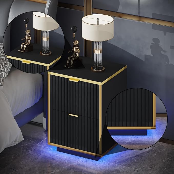 Black Nightstand Set of 2, Fluted End Table with LED, Modern Night Stand with Floating Base, Bedside Table with Storage, End Table with Drawers for Bedroom, Black and Gold
