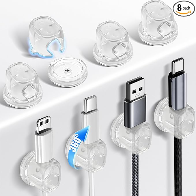 8 Pack Cord Organizer, Ω-Shaped Rotatable Cable Clips, Strong Adhesive Cable Management with Nails, Cord Holder for Nightstand, Desk, and Wall (Clear)