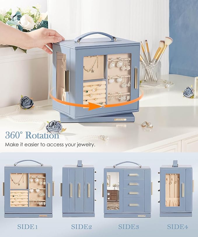 Homde Christmas Gifts Jewelry Box 360° Rotating, Necklace Earring Organizer with Transparent Window, Mirror, 7 Drawers, Large Ring Display Storage Case for Girls Women (Grey Blue)