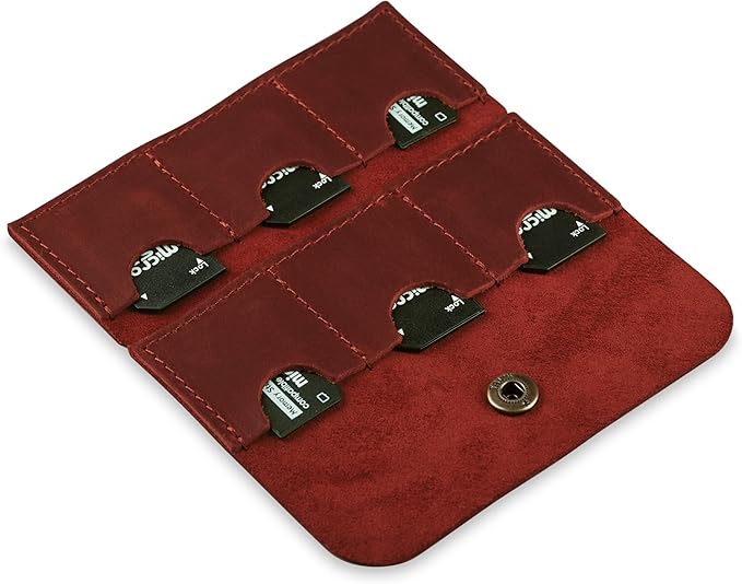 Cognac Leather SD Card Holder - Micro SD & Memory Card Organizer & Storage Case for Travel