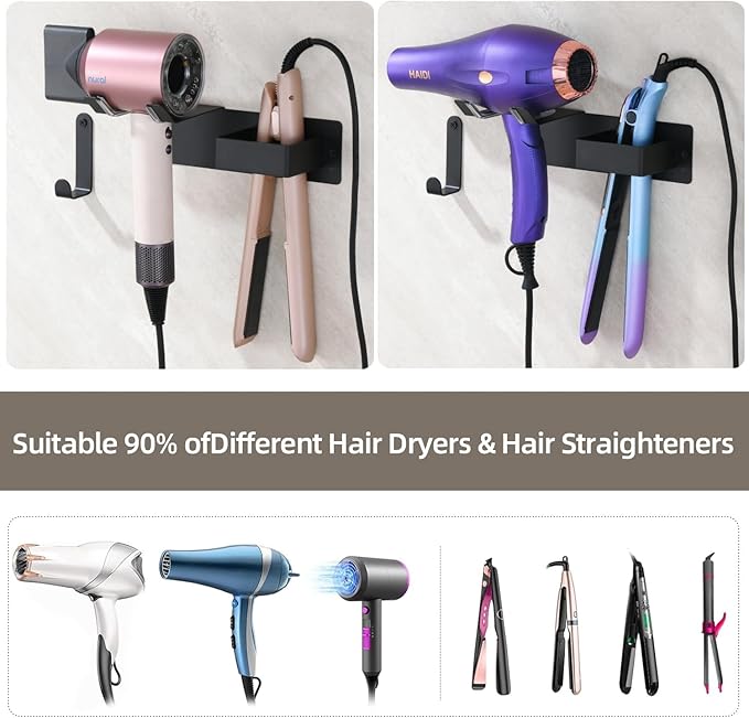 Hair Dryer and Straightener Holder, Upgraded Hair Straightener Holder with Cable Hook, Stainless Steel Universal Hairdryer Holder Wall Mounted Waterproof for Bathroom Space-Saving Black PTALSEAW
