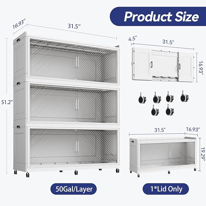 150 Gallon Extra Large Collapsible Storage Bin with Lid, 960QT Stackable Plastic Organizer with 6x Wheels, Foldable Drawer Cabinet for Closet, Living Room Office, Kitchen 3Pack, White