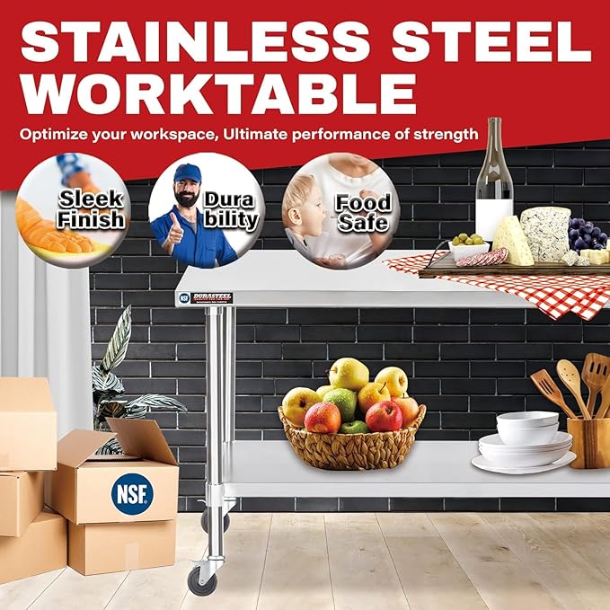 DuraSteel 30x72 NSF Stainless Steel Cart Work Table - Heavy Duty Rolling Food Prep Table Countertop Island - Metal Utility Cart on Wheels Caster, Grill Stand Storage Outdoor Kitchen Tables Bar Top