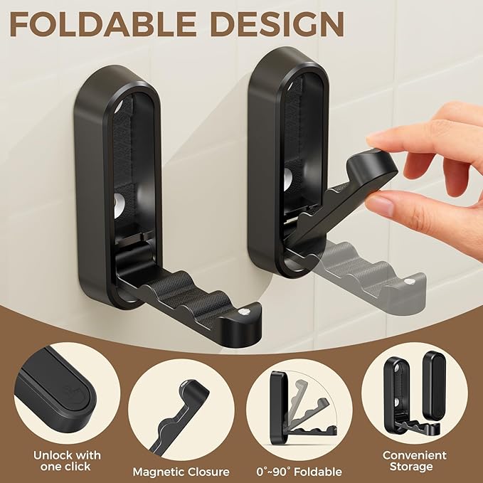 4-Pack Heavy Duty Zinc Alloy Folding Wall Hooks for Bathroom, Kitchen, Entryway, Closet - Space-Saving Design Holds Coats, Towels, Backpacks, Hats, Keys (Black)