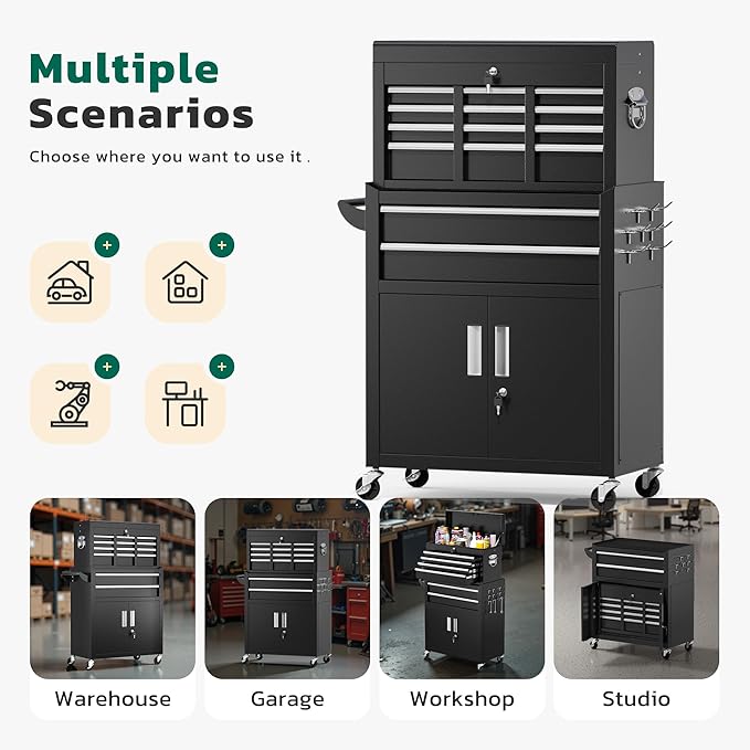 Greenvelly Metal Tool Chest,8-Drawer Rolling Tool Cart with Wheels,2 in 1 Detachable Tool Cabinets,Tool Box,Liners and Locking System for Garage,Warehouse,Workshop, Barbershop(Black)