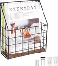 Mail Holder Magazine Basket - 1 Pack Black Wall Mount File Organizer Rack of Wooden Style with Adhesive Mounting - Metal Wire Hanging Sorter for Document Folders Newspaper Clipboard Brochure Display