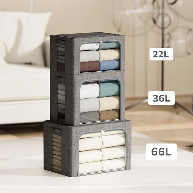 4 Pack Clothes Storage Bins with Metal Frame - 36L Stackable Storage Box with Lid，Foldable Storage Container Organizer for Clothes，Linen Fabric Storage Box with Clear Window＆Zippers＆Handles